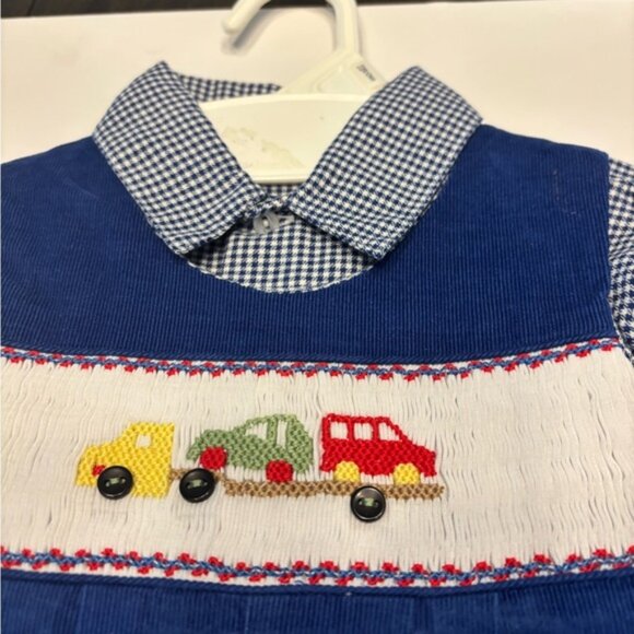 PETIT AMI OVERALLS CORDUROY 12 MONTHSMEDIUM BLUE  BLUE GINGHAM SHIRT  CARS - Picture 2 of 4